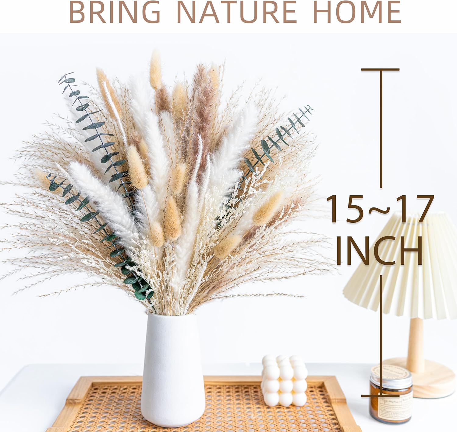 Boho Decor Bouquet Eucalyptus Pampas Grass Decor Dried Pampas Home Decor Dried Flowers Bouquet for Wedding Floral Arrangements Table,Home,Rustic,Farmhouse Decor(White&Green)