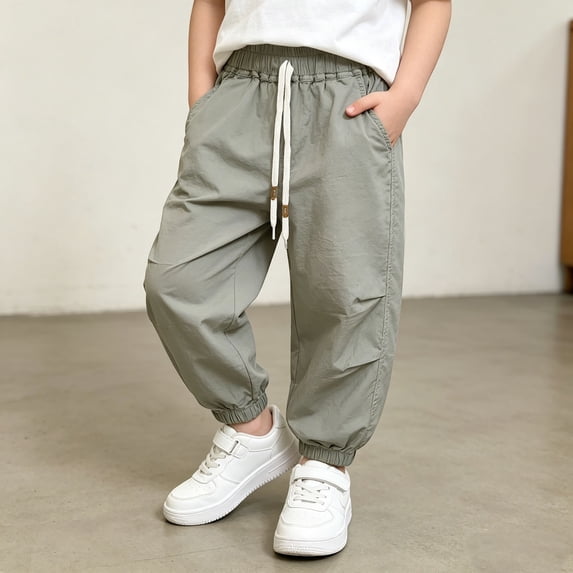 SGMVNU Boys' Cargo Pants Drawstring Waistband Joggers Kids Lightweight Cotton Track Trousers with Pockets, Size 4-5 Years, Green