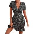 thumbnail image 1 of B91xZ Femmes Manches Courtes Robes Manches Courtes Mini Robe Revers Ceinturée Robe Chemise Veste Casual d'Été avec Poches, Noir XL, 1 of 5