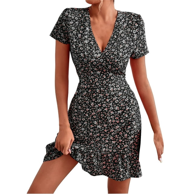 B91xZ Femmes Manches Courtes Robes Manches Courtes Mini Robe Revers Ceinturée Robe Chemise Veste Casual d'Été avec Poches, Noir XL