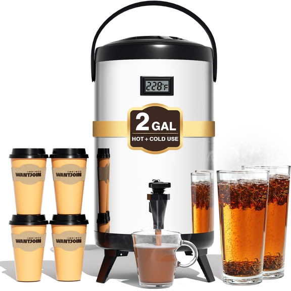 WantJoin 2 Gallon Insulated Hot & Cold Beverage Dispenser, Stainless Steel Commercial Drink Urn with LCD Thermometer & No-Drip Spigot for Catering, Parties, Home Use(Silver)