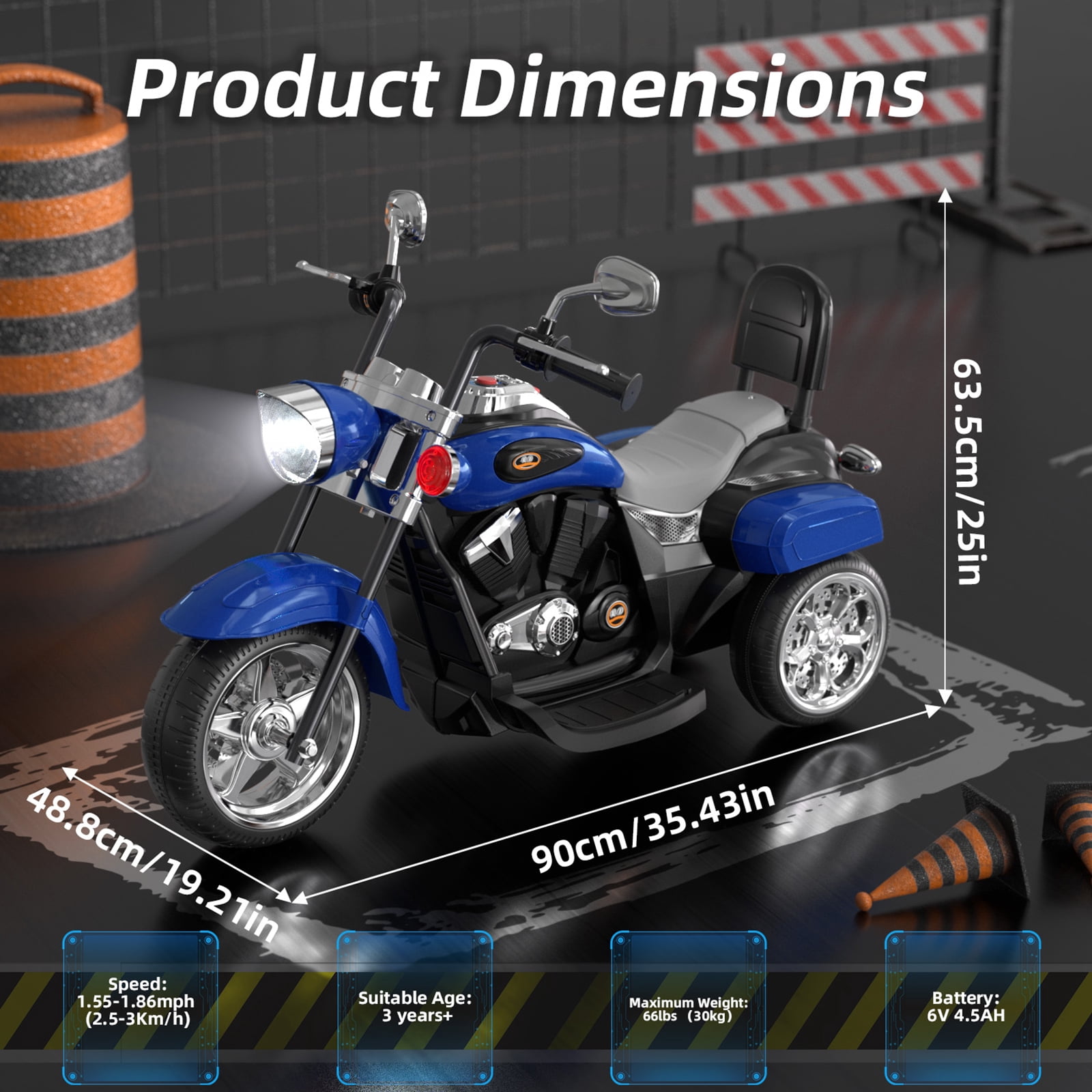 KORIMEFA 3 Wheel Kids Ride On Motorcycle 6V Battery Powered Electric Toy Blue