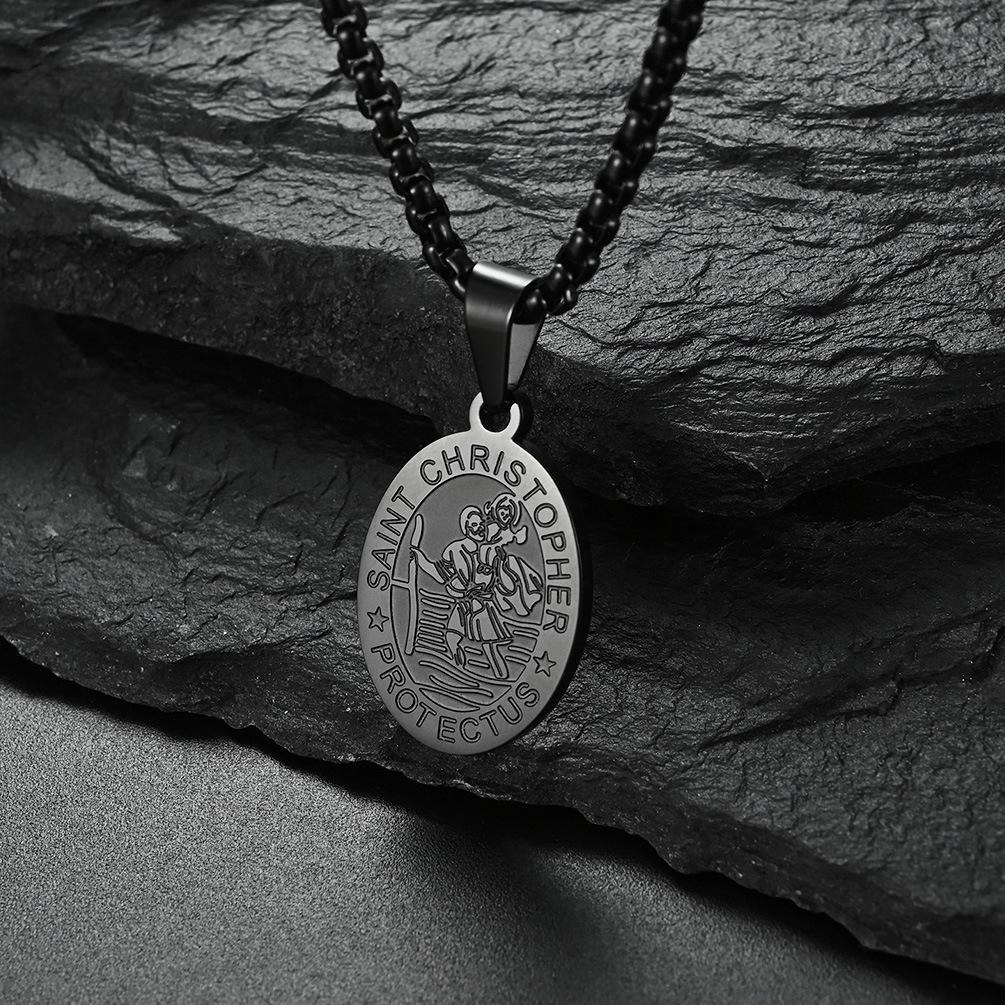 Raymard Saint St Christopher Pendant Necklace Titanium Steel Religious Christian Gift Archangel Amulet Exorcism Protection Oval Medal 24 Inch Rolo Chain