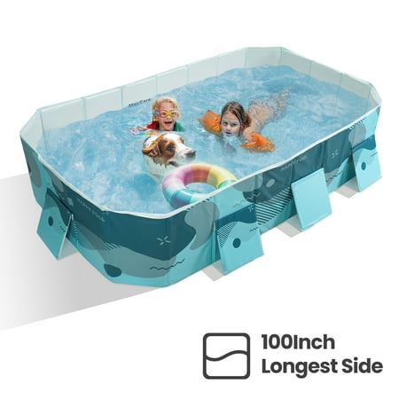 MaxKare Foldable Swimming Pool Inflatable-free with Fix Patches & Stable Triangular Braces  Outdoor Backyard Family & Kids & Pet Play Pool  Green Rectangular 100  x 66  x 20