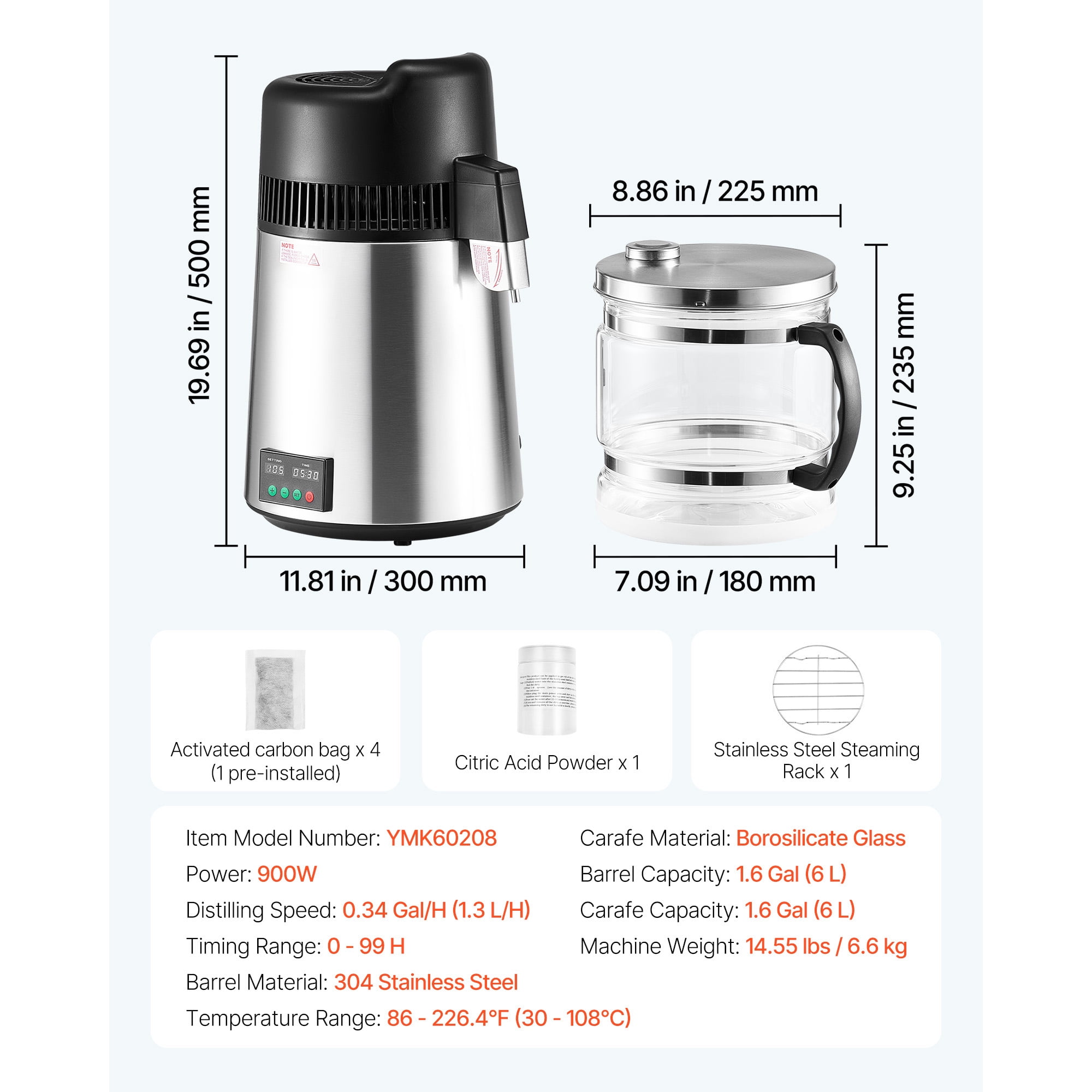 KFFKFF Water Distiller, 6L 1.6 Gallon Pure Water Purifier, Stainless Steel, 11.81x11.81x19.69 in, Silver