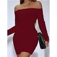 thumbnail image 6 of Women'S Off the Shoulder Long Sleeve Ruched Bodycon Dress Bustier Wrap Mini Dress Wine Red S, 6 of 9
