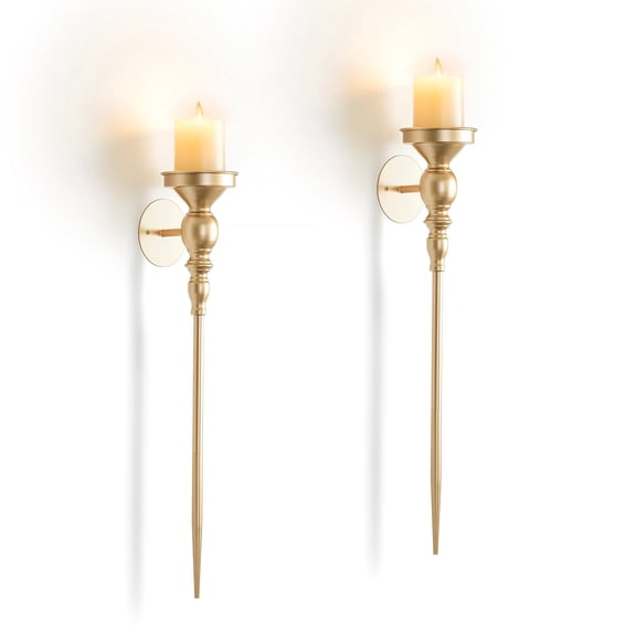 Sziqiqi 24.4 Inch Long Gold Candle Sconces Set of 2 Vintage Torch-Inspired Metal Wall Decor for Pillar Candles Large Art Decoration for Fireplace Mantel Hallway Living Room