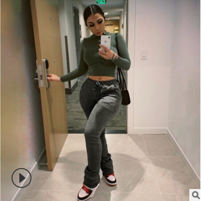 Women Stacked Leggings, Fashion High Waist Solid Color Slim Fit Workout Pants with Drawstring