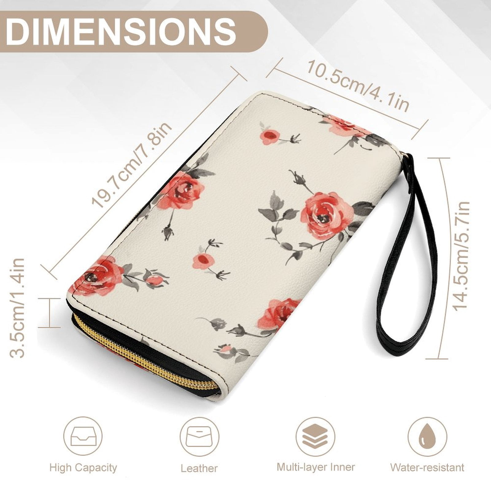 Womens Wallet Bifold Ladies Cluth Bag Wristlet Wrist Strap Long Purse Rose Pattern Design