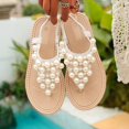 thumbnail image 4 of Samdudou Flat Sandals for Women Open Toe Slingback Slip On Shoes Elegant Faux Pearl Embellished Elastic Ankle Strap Bohemian Summer Vacation Seaside Footwear, 4 of 6