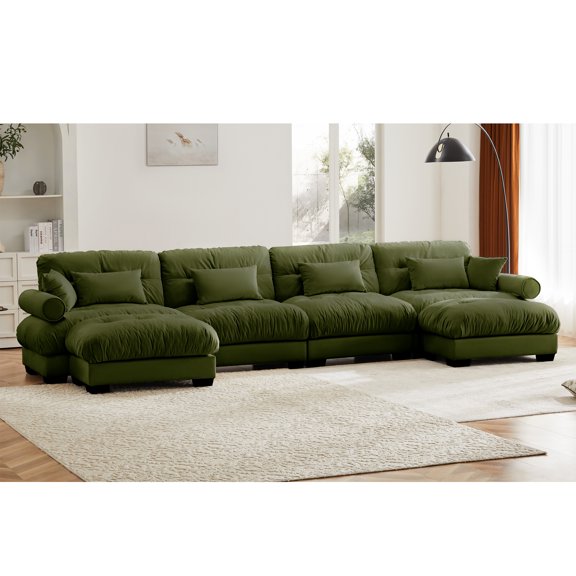 U Shaped Sectional Sofa Cloud Couch with Movable Ottomans,Convertible Deep 4 Seater Modern Velvet Comfy Upholstered Corner Couch with Blostered Armrests, Waist Pillow and Throw Pillows,Olive green