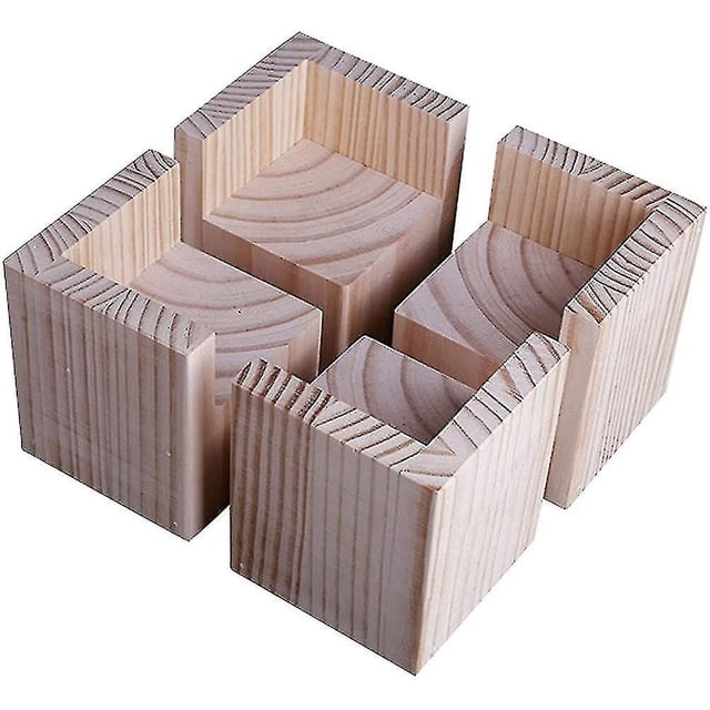juego de 4 elevadores de cama y muebles, elevadores de madera resistentes para muebles, cuatro bloques cuadrados de madera natural con ranuras en U en la parte superior y vetas visibles, diseñados para elevar patas de cama o sofá y adecuados también para aumentar la altura de cajones bajos.