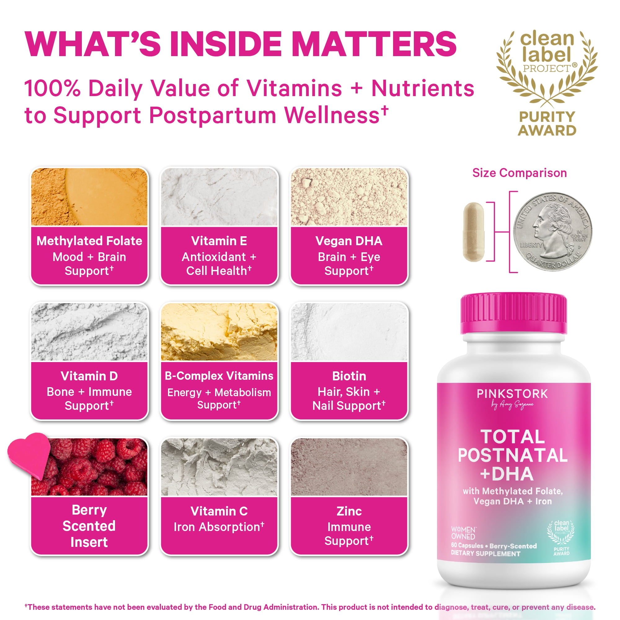 Pink Stork Postnatal Multivitamin for Breastfeeding Moms, 60ct - Vegan Algae DHA, Iron, Folate, and Vitamin B12, No Fishy Burps, Berry Scented