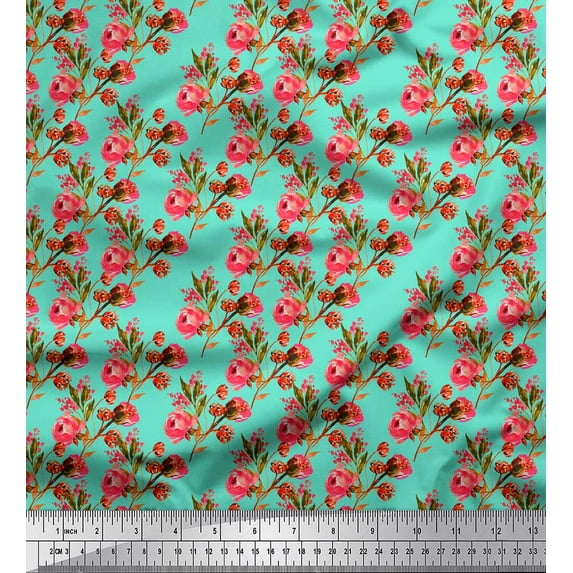 Soimoi Green Moss Georgette Fabric Leaves & Ranunculus Floral Print Print Sewing Fabric By the Yard 44 Inch Wide