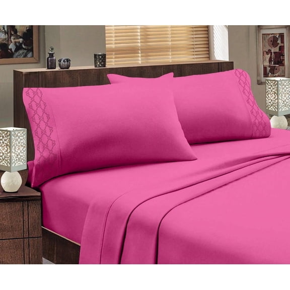 Hotel Luxurious 1800 Series Super Soft Embroidery 4 Piece Sheet Set (California King, Hot Pink)