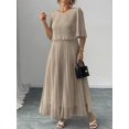 thumbnail image 2 of Womens Khaki Solid Color Round Neck Batwing Sleeve Chiffon Pleated Maxi Dress, 2 of 5