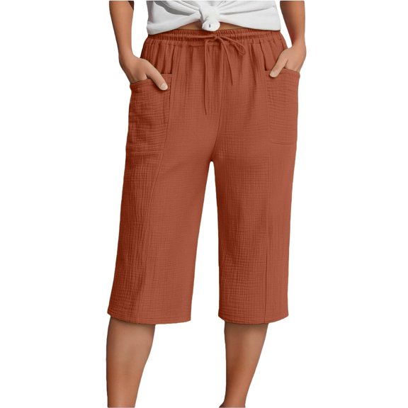 WDDDD Women‘s Wide Leg Cropped Capri Pants Cotton Linen Drawstring Elastic Waist Casual Summer Red XXL