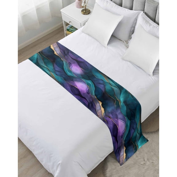 Bed Runner Scarf King Size, Purple Blue Ombre Stain Bed Runners & Scarves for Foot of Beds, Modern Luxury Abstract Marble Texture Decorative Bedding Runner Scarf for Hotel Home Bedroom