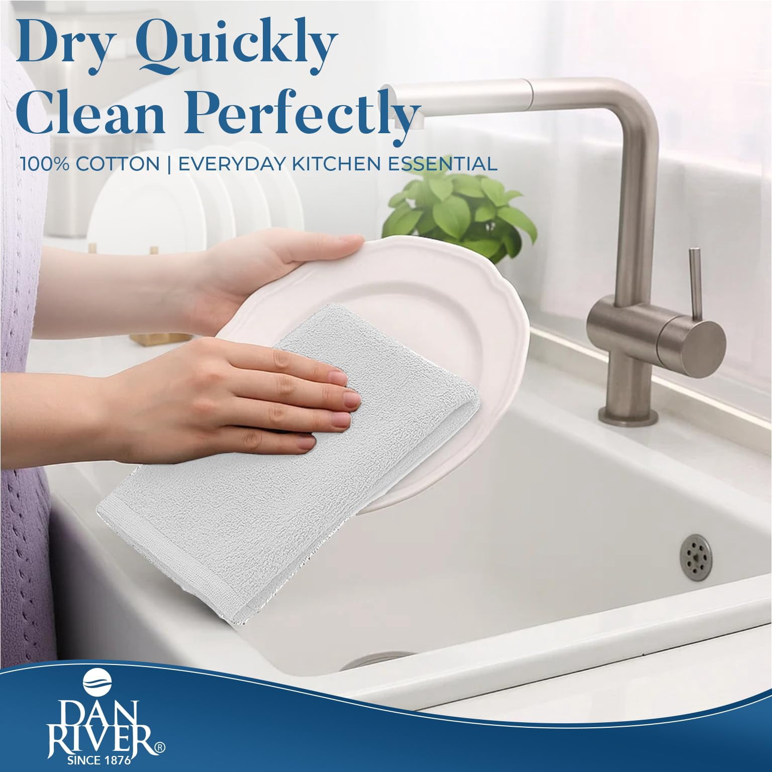 Dan River Bar Mop Cotton Kitchen Towel pack of 12 Super Absorbent And Reusable Cleaning Cloth - White, 16x19in