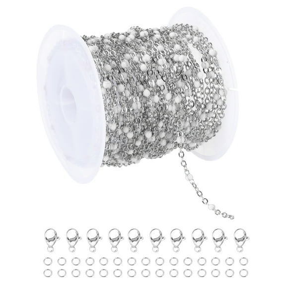 Cadena de cuentas de acero inoxidable Uxcell, 16.4 pies/5M cable de joyería con cuentas de esmalte (Plata/Blanco, Paquete de 1)