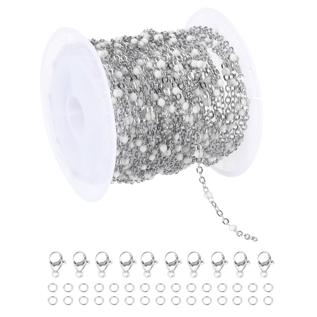 Cadena de cuentas de acero inoxidable Uxcell, 16.4 pies/5M cable de joyería con cuentas de esmalte (Plata/Blanco, Paquete de 1)