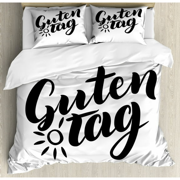 German Queen Size Duvet Cover Set, Guten Tag Quote with Hand Lettering Fashionable Calligraphy Style Illustration, Decorative 3 Piece Bedding Set with 2 Pillow Shams, Black and White, by Ambesonne