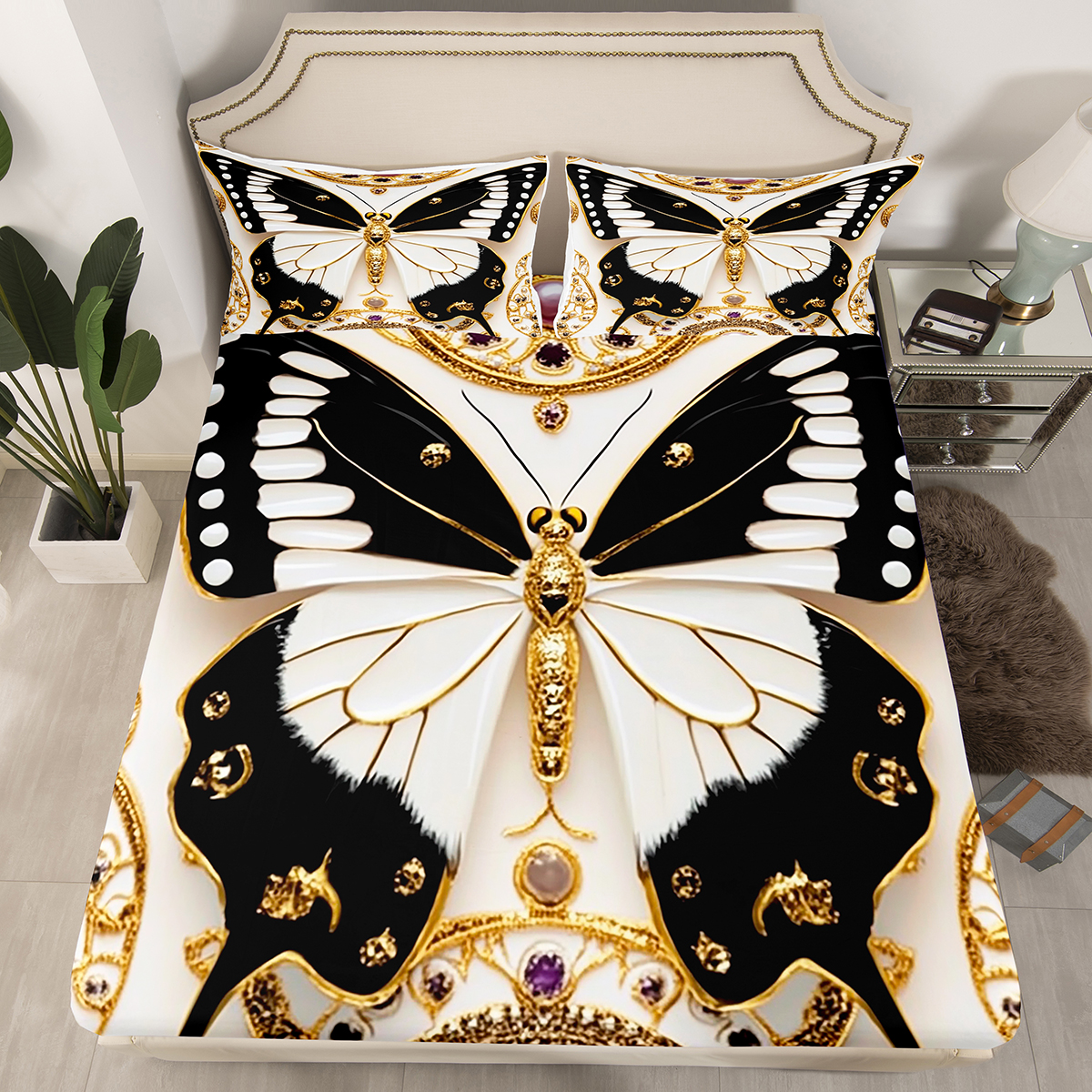 Homewish Black White Butterfly Girl 4pcs Bed Sheets,Exotic Style King Sheets,Dreamy Princess Super Cozy Sheet Set,Luxury Bedroom Decor