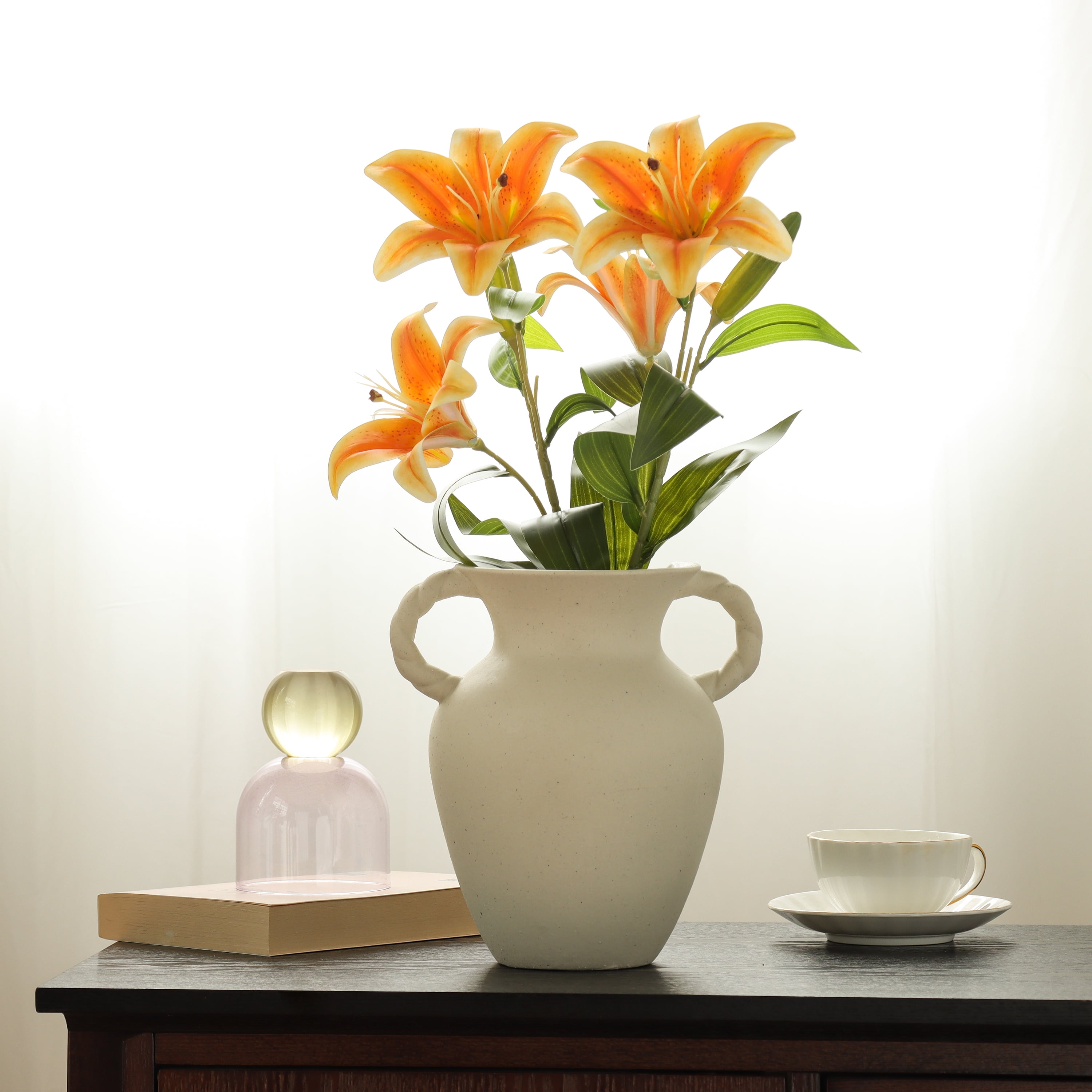 Home Decor Collection Sterling & Noble Home Off-White Ceramic Tabletop Vase with Knotted Design Handle, 10.87" Tall
