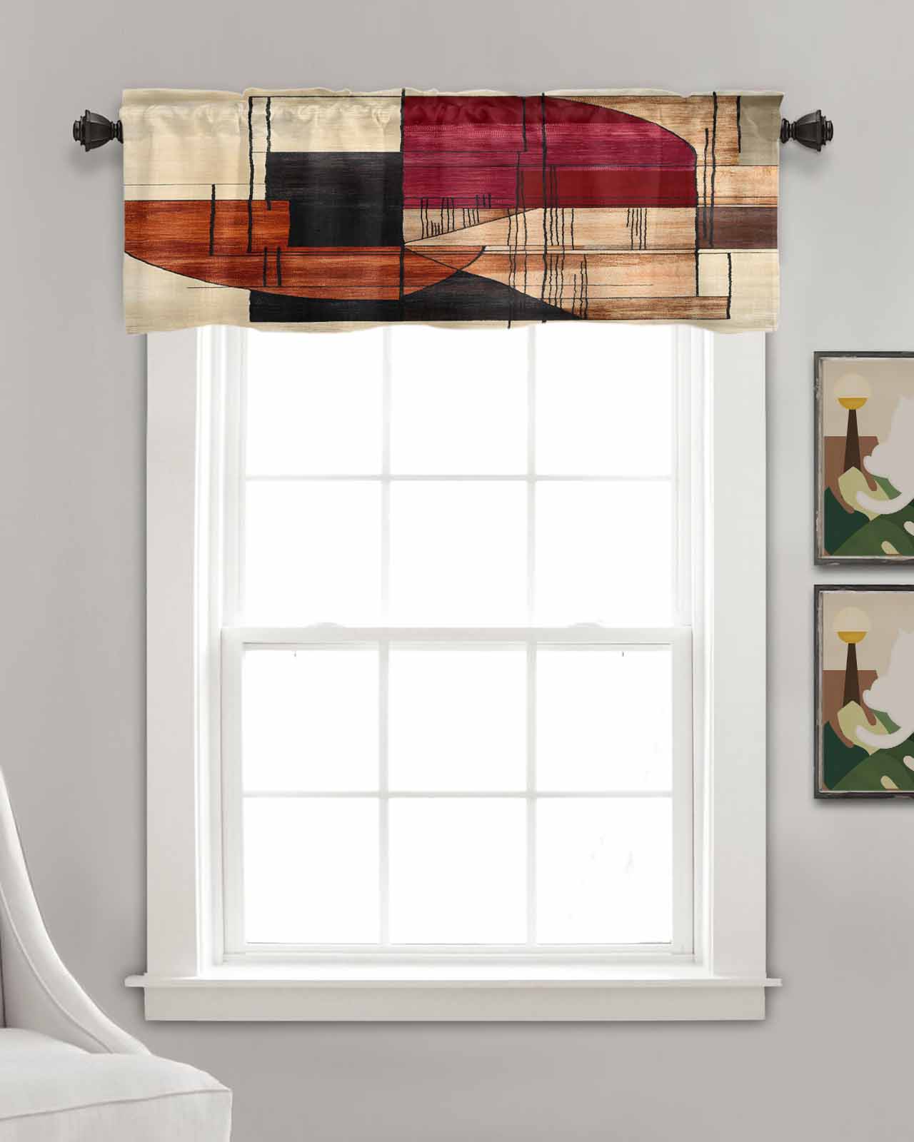 Red Beige Geometric Kitchen Valances for Windows Farmhouse Linen Window Valance Curtain for Living Room Window Treatment Modern Abstract Art Valance Rod Pocket Topper Drape, 60 x 18 Inch