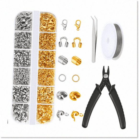 1200 Pcs Complete Jewelry Making Kit with Crimp Beads, Covers, Tubes, Wire Guardians, Lobster Clasps, Jump Rings, Pliers & Beading Wire