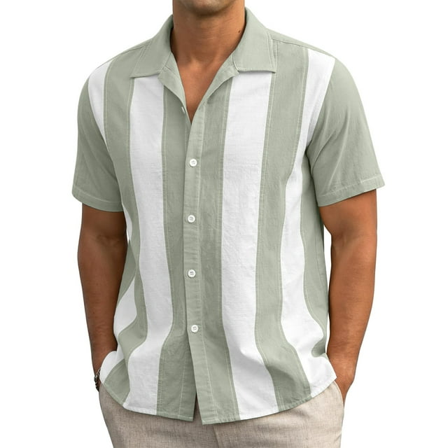 TheFound Men Oversize Shirts Stripe Button-Down Short Sleeve Tops Turn-Down Collar Summer Casual Clothes