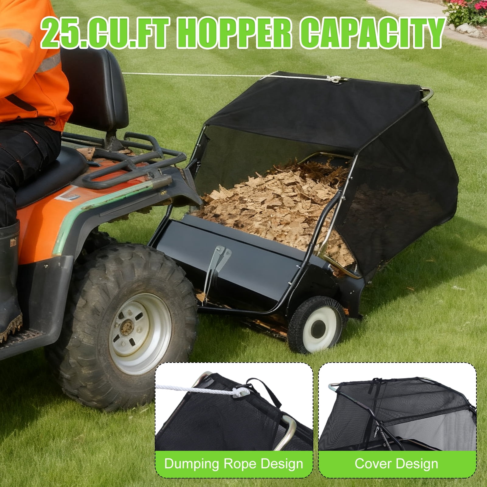 Yedigre Ride-On Tow Behind Yard Sweeper - 44” Wide Cleanup for Leaves, Grass Clippings & Debris, Easy-Dump Hopper