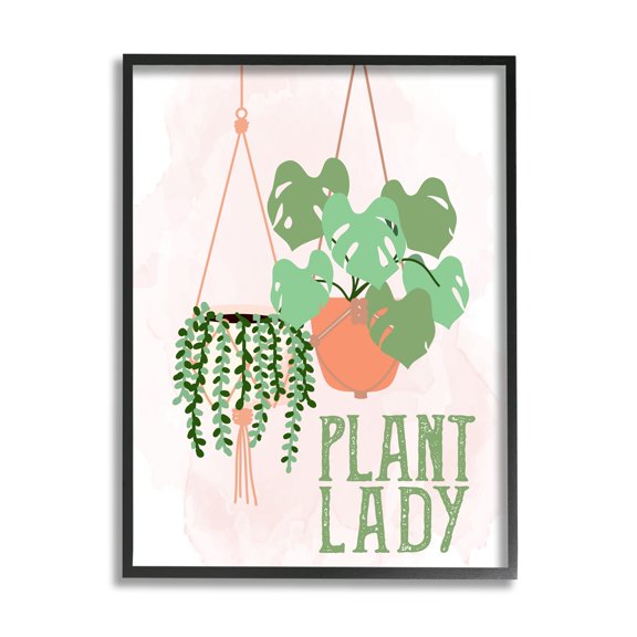 Stupell Industries Casual Plant Lady Hanging Green Potted Vegetation Graphic Art Black Framed Art Print Wall Art, Design by Kim Allen