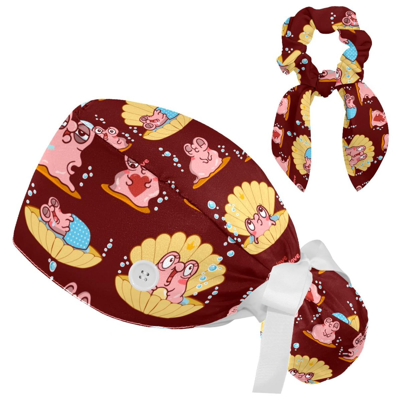 2-Pack Cartoon Ice Cream Print Chef Hats / Nurse Caps - Adjustable Tie-Back, Sweatband, Button Sides - One Size Fits Most - View #8