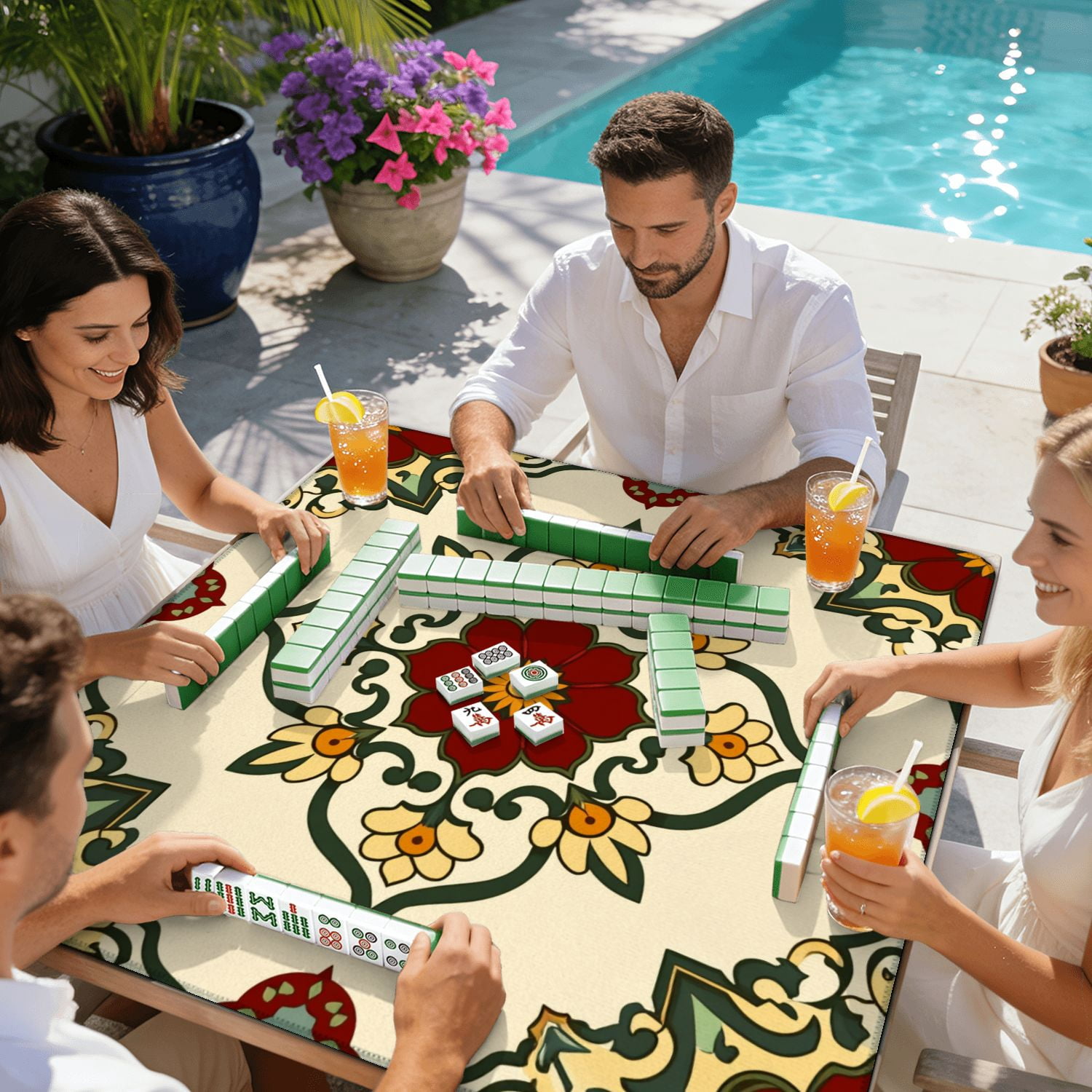 Mahjong Mat 31.5" x 31.5" Ornate Floral Mandala Red Yellow Green Symmetrical Design Non-Slip Noise Reduction American Mahjong Tiles Table Cover for Dominoes Poker Card Board Games Gift