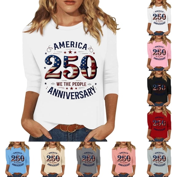 KDDYLITQ Womens 250th Anniversary Independence Day Tshirt Patriotic Red White Blue Crew Neck T-Shirts 4th July 250 Years Birthday Birthday Tees Usa Flag Loose 3/4 Sleeve Tops Watermelon Red S