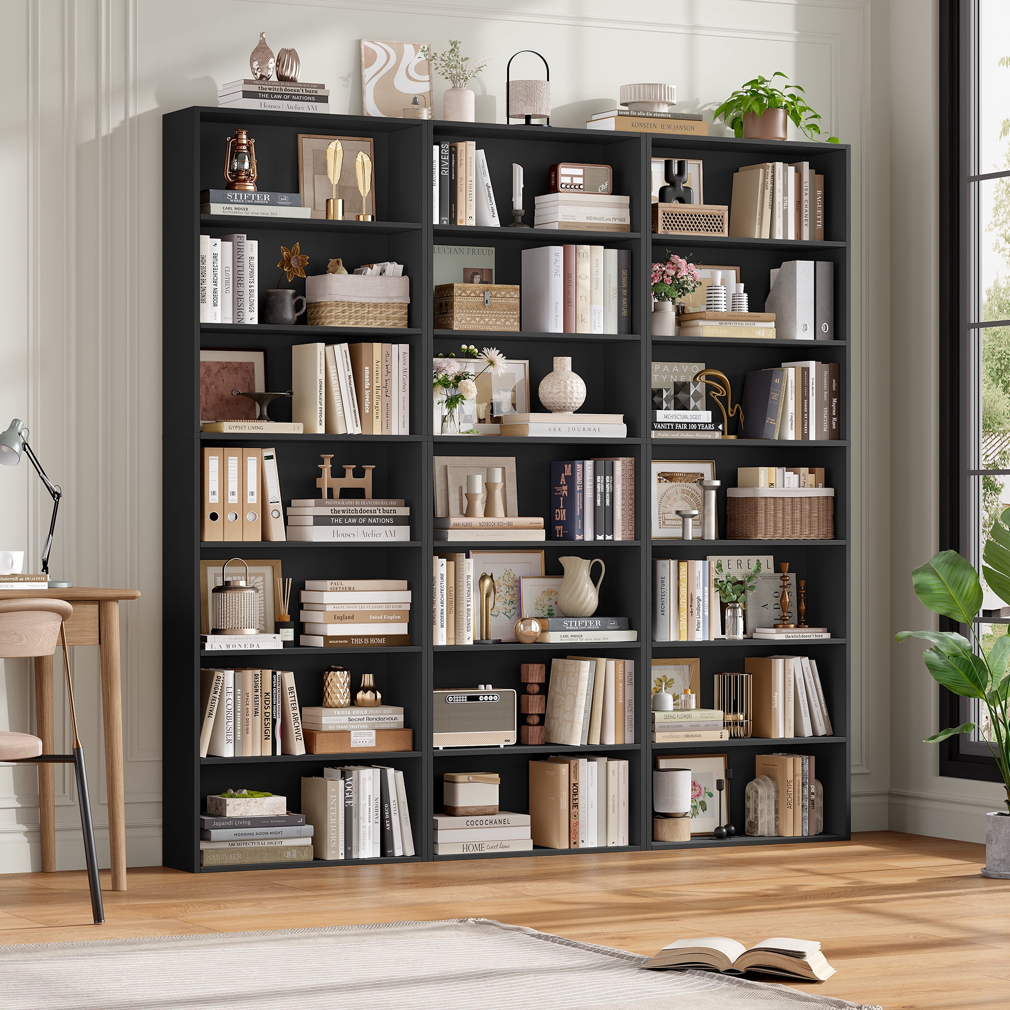 Homfa 82" Tall Bookcases Set of 2, Freestanding Display Storage Shelves, 7-Tier Open Bookshelf for Home Office Living Room Bedroom, Black
