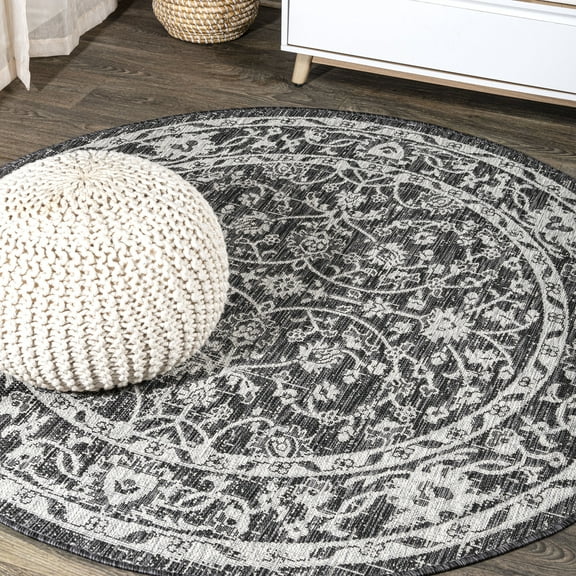 JONATHAN Y SANTA MONICA 5' Round Area Rug, Palazzo Vine and Border Textured Weave - Black/Gray, SMB103C-5R
