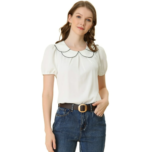 Blusa de verano Allegra K con cuello Peter Pan y mangas Abullonadas para Mujer Blanco M