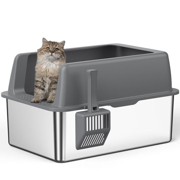 Stainless Steel Litter Box, 14 Inch Cat Litter Box, Metal Litter Pan with Lid, Extra Large Litter Box with Scoop, Dark Gray