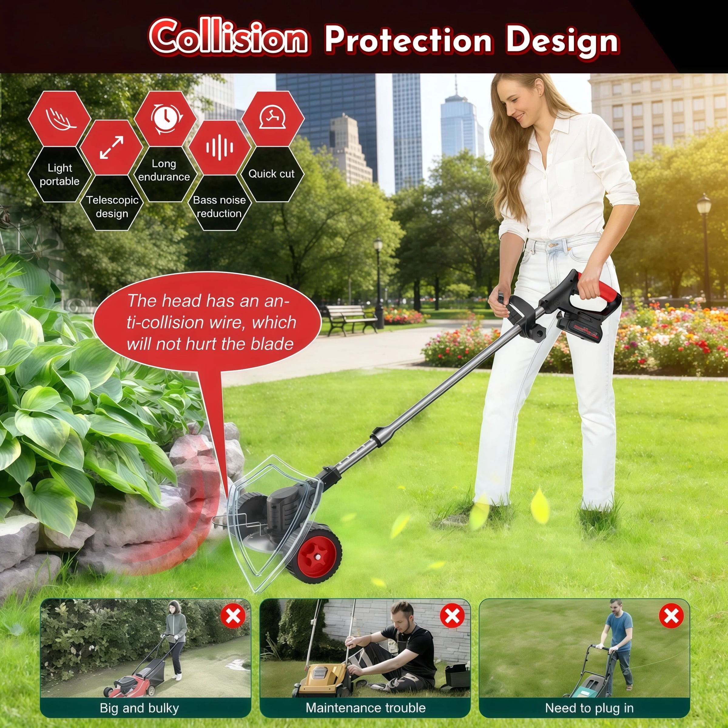 Teblint 650W Electric Weed Wacker, Cordless String Trimmer, Weed Eater Grass Trimmer/Edger/Cutter with Wheels, 2Pcs 21V Batteries, 5 Types of Blades, Adjustable Length for Lawn Yard Garden (Black)