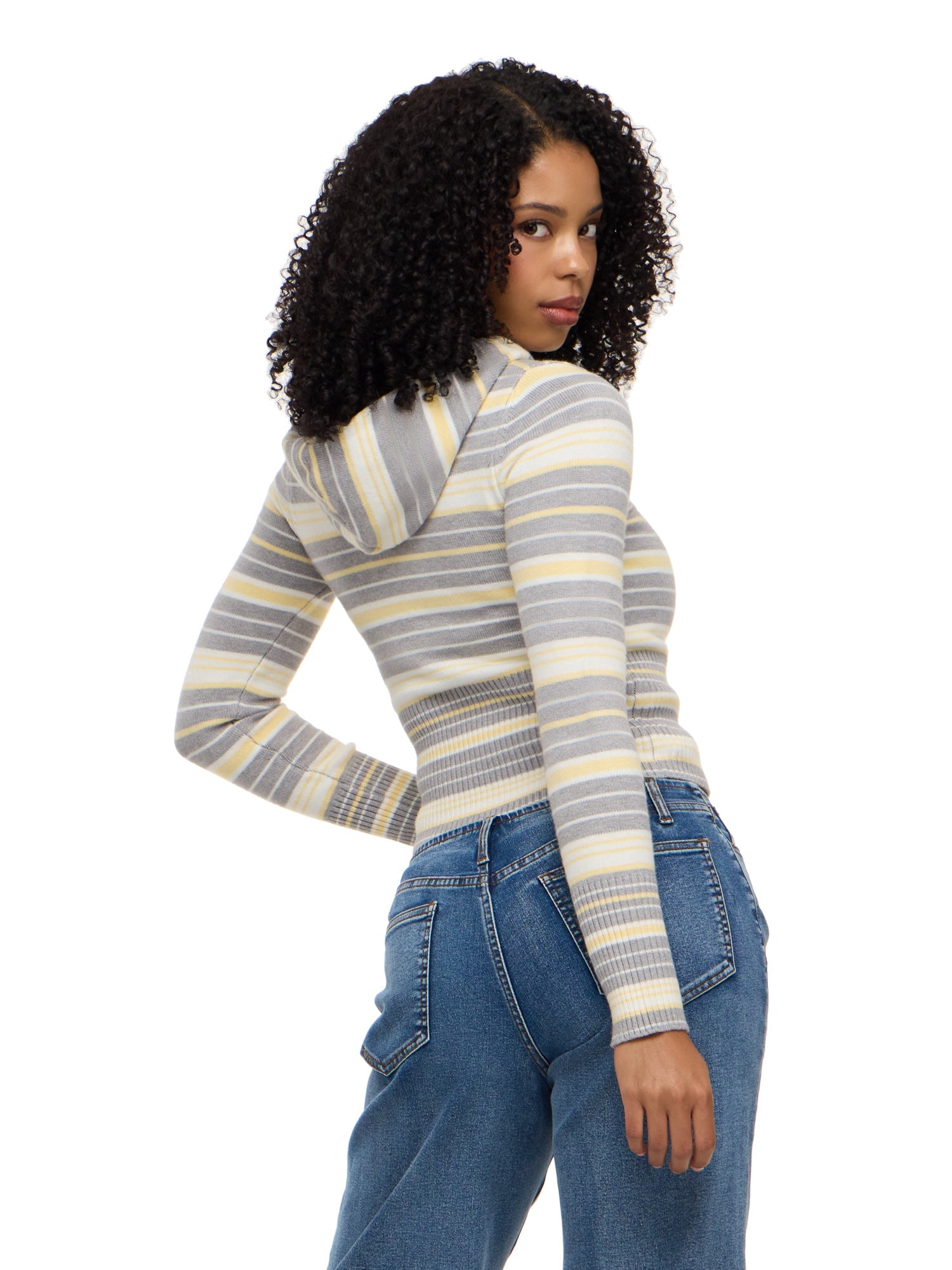 Forever 21 Women's Striped Zip Up Hooded Sweater, Long Sleeve Soft Knit Hoodie, Casual Everyday Streetwear Style Top, Grey, XXS-XXL