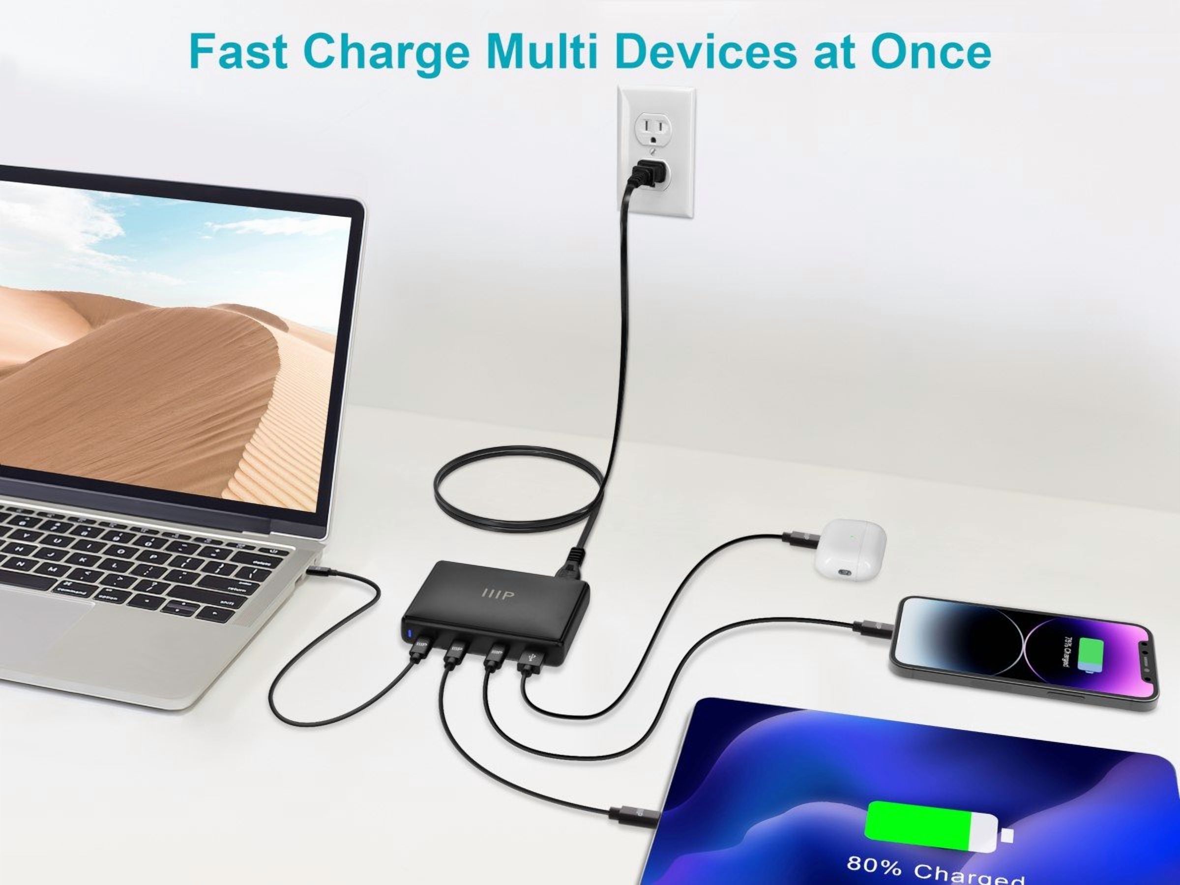 Monoprice 4-Port 100W Desktop GaN Charger, Fast Charge, 3x USB-C, 1x USB-A, Black