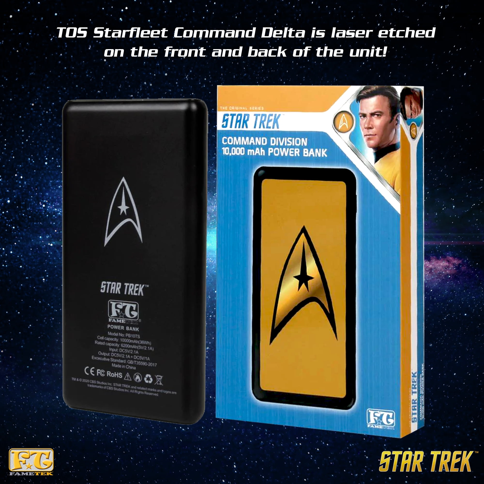Star Trek Phone Charger | Slim Pocket Sized 10,000mAh Power Bank with TOS Command Logo, 3 USB Outputs, 2.1A & 1A, Charges Three Devices, USB-A and Type-C Charging, Phone and Tablet Backup Battery