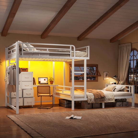 Leumius Full over Full Size with 8 Storage Drawers,Built in Bunk Bed with Shelves,Bunk Bed with Study Desk,Garment Hanging Rod and Detachable Hanging USB for Kids,Teens,Adults White