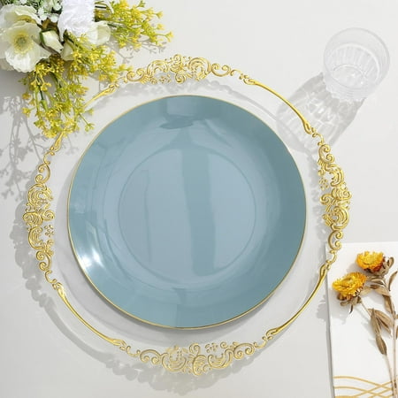 

Efavormart 10 Pack | 10 Glossy Dusty Blue Round Plastic Dinner Plates With Gold Rim Disposable Party Plates