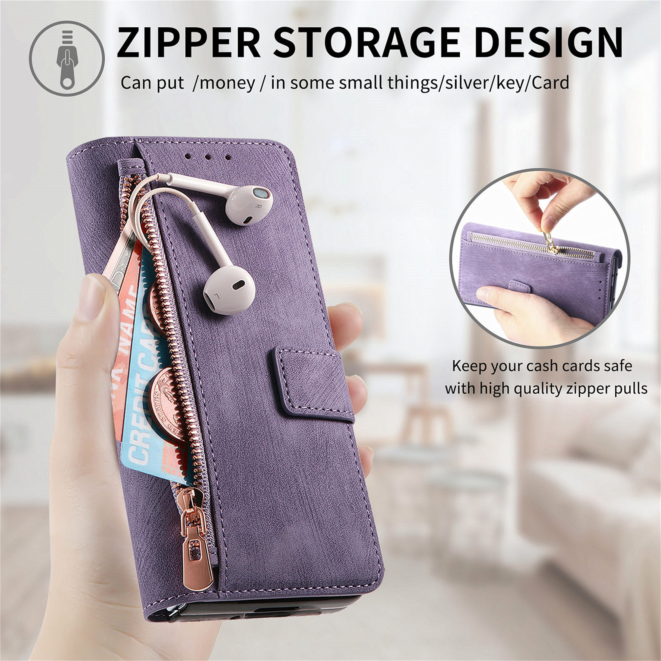 CCSmall for Samsung Galaxy Z Fold 6 5G Detachable Magnetic Wallet Phone Case, RFID Blocking Material Retro Folio Flip Leather Case Zipper Purse Cover with Card Slots for Galaxy Z Fold6 KQX Purple