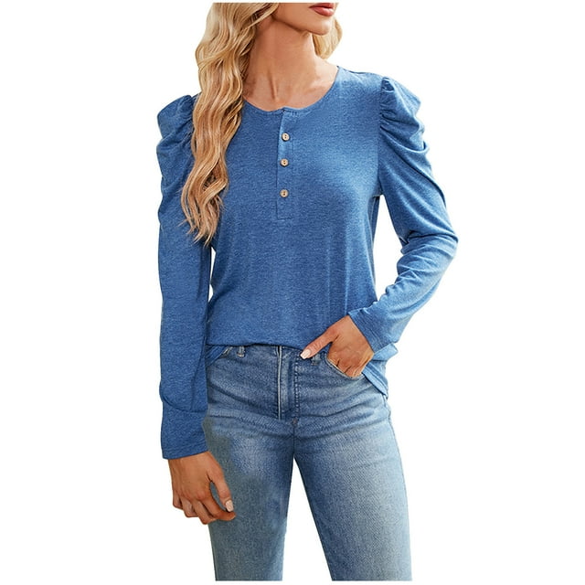 Yuyuzo 2023 Tunic Tops for Women Rufffle Long Sleeve Round Neck Solid Color Shirts Fall Solid Color Tops