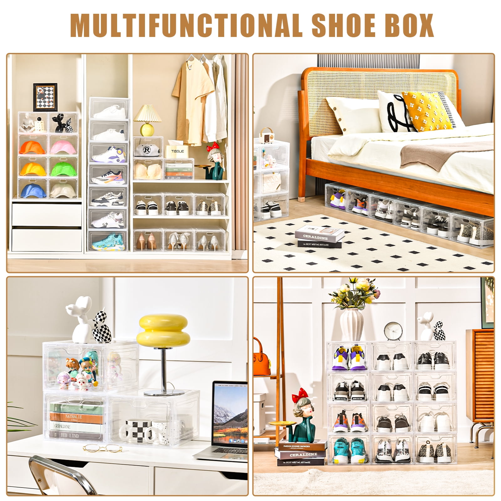 VOZOGO 6 Pack Clear Shoe Storage Organizer Box, Stackable Plastic Shoe Cabinet Box Set with Magnetic Door, Shoe Rack for Sneaker Storage,Shoe Containers 13.4"x 9.8"x 7.1"