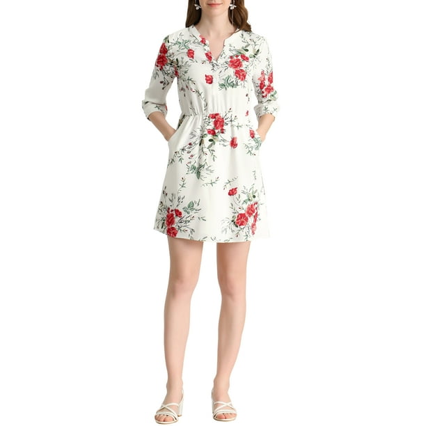 Vestido de botón de flores con cuello en V y mangas 3/4 para mujer, con bolsillos laterales, XL, blanco y rojo